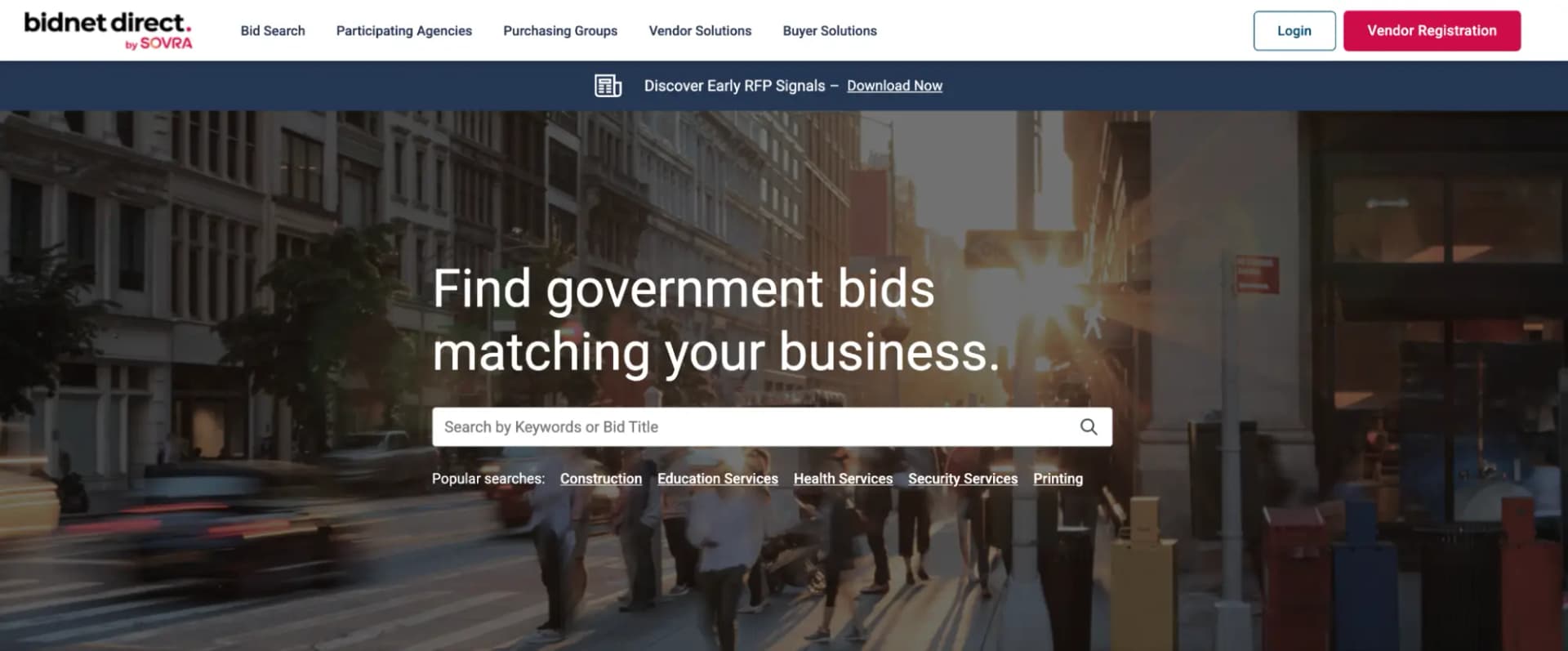 The BidNet Direct home page, with a keyword search for government bids matching your business
