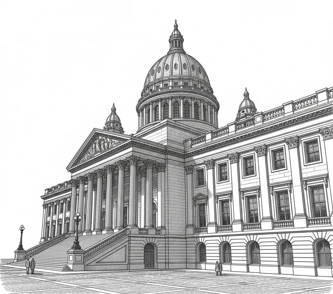 A line engraving of a domed capitol building, with two figures at the foot of its steps