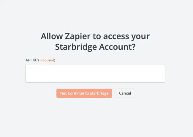 Zapier asking for a Starbridge API key before it will connect to the account