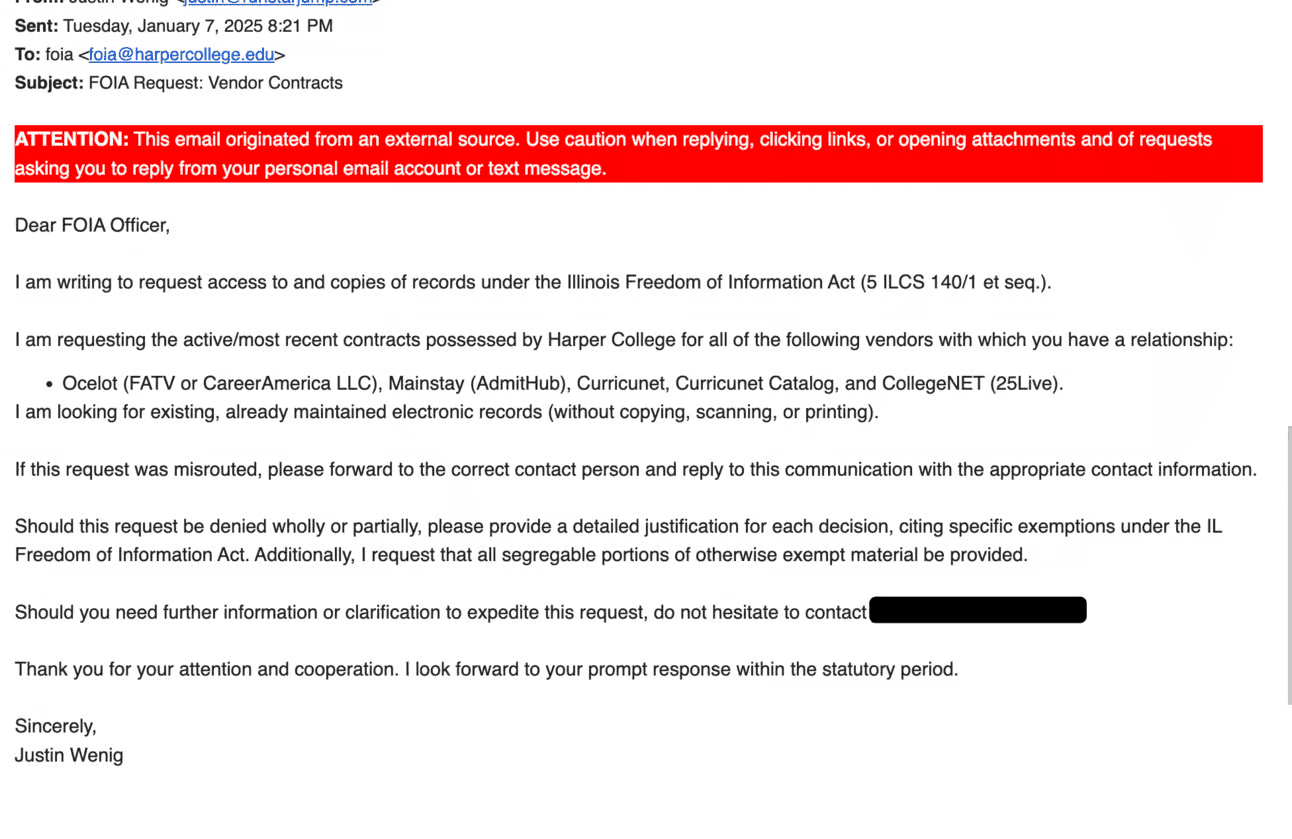 Email screenshot of a Freedom of Information Act request titled 'FOIA Request: Vendor Contracts,' sent to a college FOIA officer asking for the institution's active vendor contracts, topped by a red external-sender warning banner.